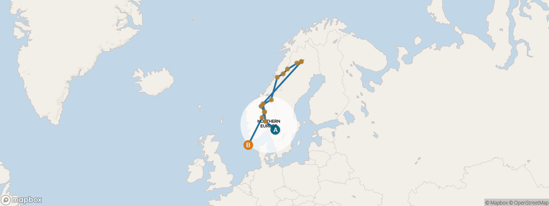 Carte de l’itinéraire Seven Seas Voyager, Copenhague → Londres (Southampton)