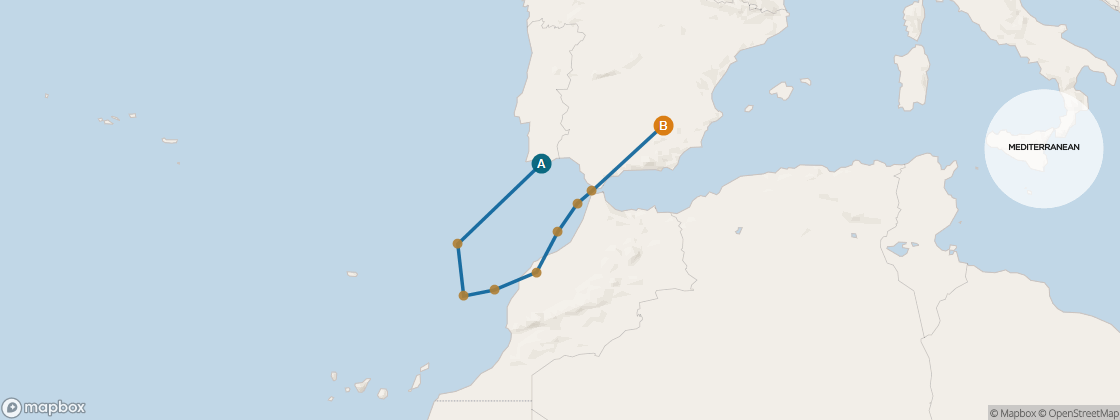Carte de l’itinéraire Seven Seas Voyager, Lisbonne → Barcelone
