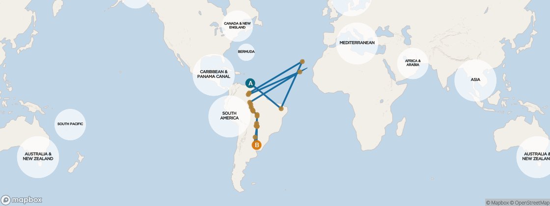 Carte de l’itinéraire Seven Seas Voyager, Miami, FL → Punta Arenas, Chili