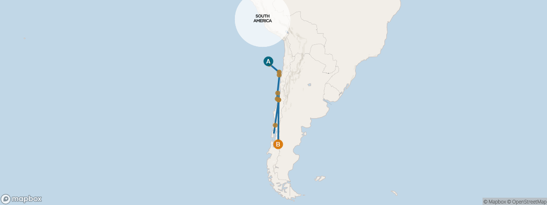 Carte de l’itinéraire Seven Seas Voyager, Lima (Callao), Pérou → Punta Arenas, Chili