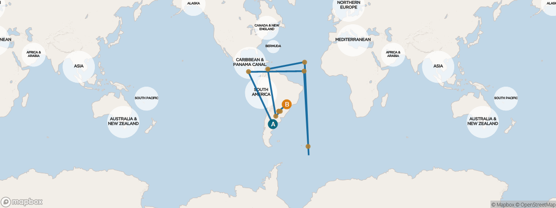 Carte de l’itinéraire Seven Seas Voyager, Punta Arenas, Chili → Rio de Janeiro, Brésil