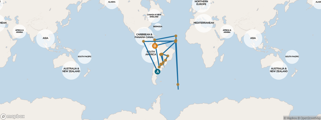 Carte de l’itinéraire Seven Seas Voyager, Punta Arenas, Chili → Miami, FL