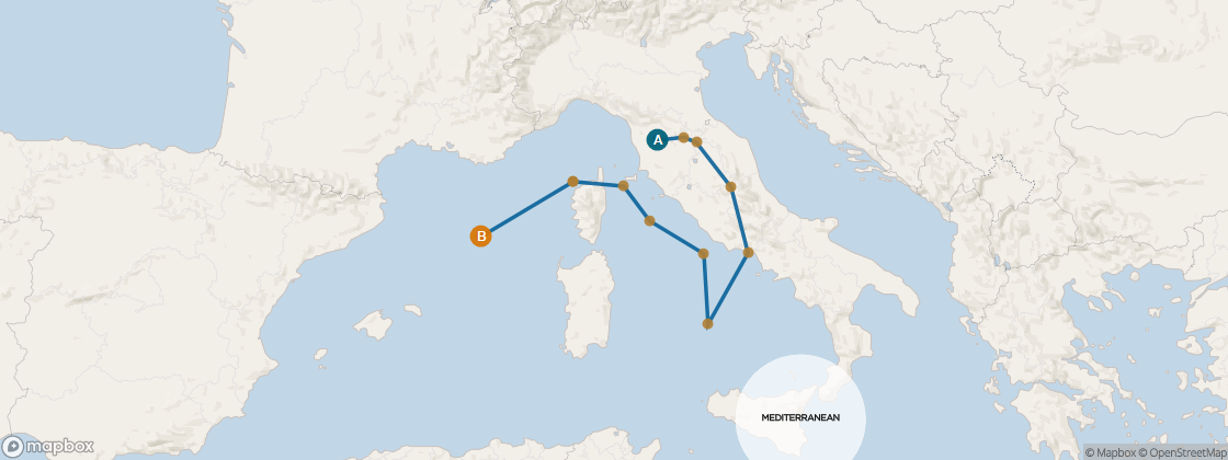 Carte de l’itinéraire Seven Seas Voyager, Venise (Fusina) → Barcelone
