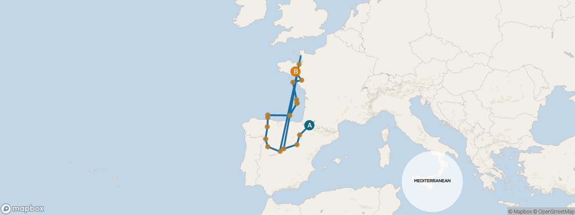 Carte de l’itinéraire Seven Seas Voyager, Barcelone → Londres (Southampton)