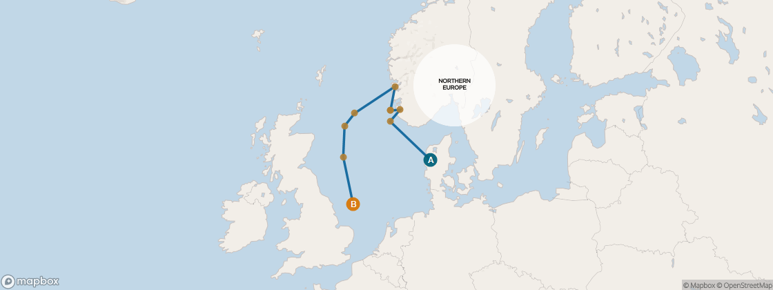 Carte de l’itinéraire Seven Seas Voyager, Copenhague → Londres (Southampton)