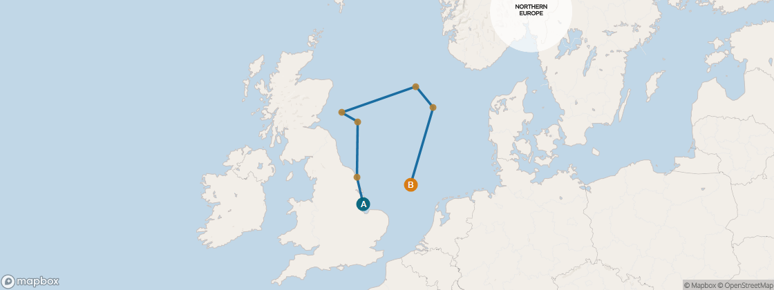 Carte de l’itinéraire Seven Seas Voyager, Londres (Southampton) → Amsterdam (Ijmuiden)