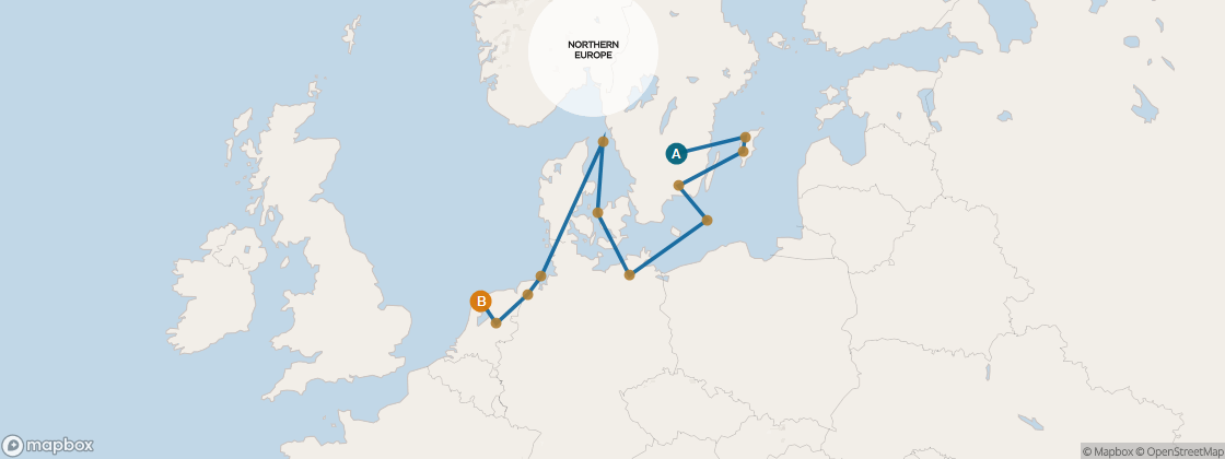 Carte de l’itinéraire Seven Seas Voyager, Stockholm → Londres (Southampton)