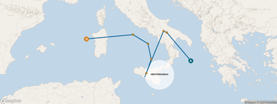 Carte de l’itinéraire Seven Seas Voyager, Athènes (Le Pirée) → Barcelone