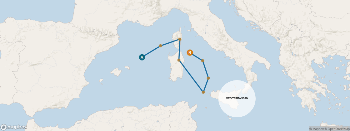 Carte de l’itinéraire Seven Seas Voyager, Barcelone → Rome (Civitavecchia)