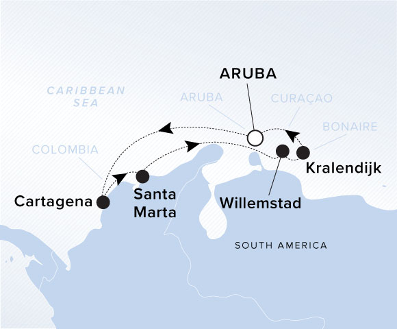 Carte de l’itinéraire Evrima, Aller-retour au départ de Aruba