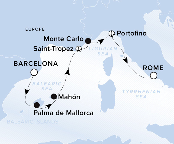 Carte de l’itinéraire Evrima, Barcelone → Rome (Civitavecchia)