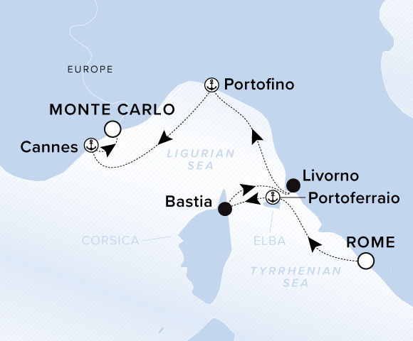 Carte de l’itinéraire Evrima, Rome (Civitavecchia) → Monte Carlo