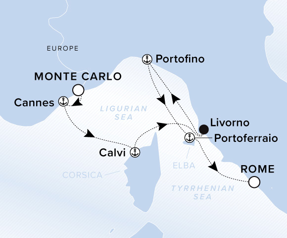 Carte de l’itinéraire Evrima, Monte Carlo → Rome (Civitavecchia)