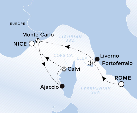 Carte de l’itinéraire Evrima, Rome (Civitavecchia) → Nice