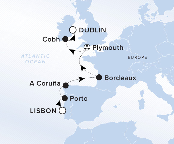 Carte de l’itinéraire Evrima, Lisbonne → Dublin