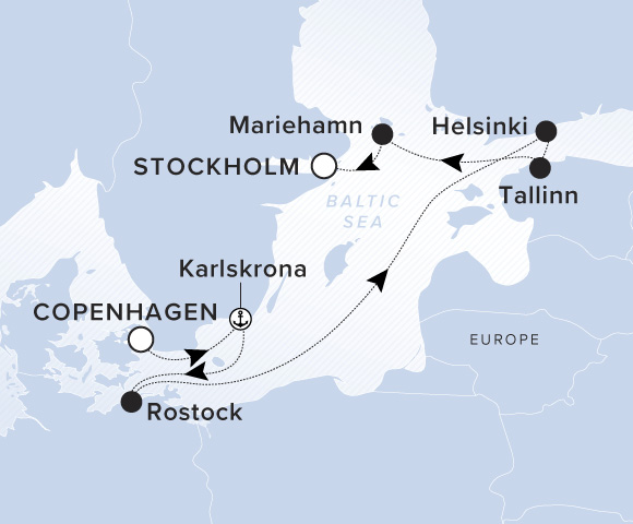 Carte de l’itinéraire Evrima, Copenhague → Stockholm