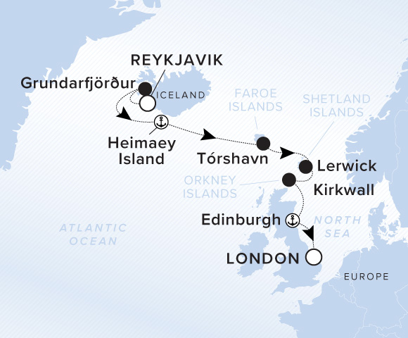 Carte de l’itinéraire Evrima, Reykjavík → Londres (Greenwich), Angleterre