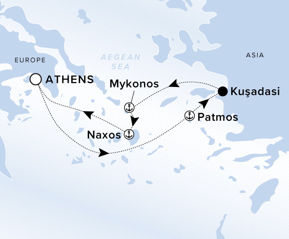 Carte de l’itinéraire Evrima, Aller-retour au départ de Athènes (Le Pirée)