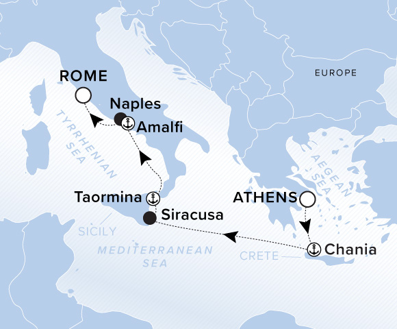 Carte de l’itinéraire Evrima, Athènes (Le Pirée) → Rome (Civitavecchia)