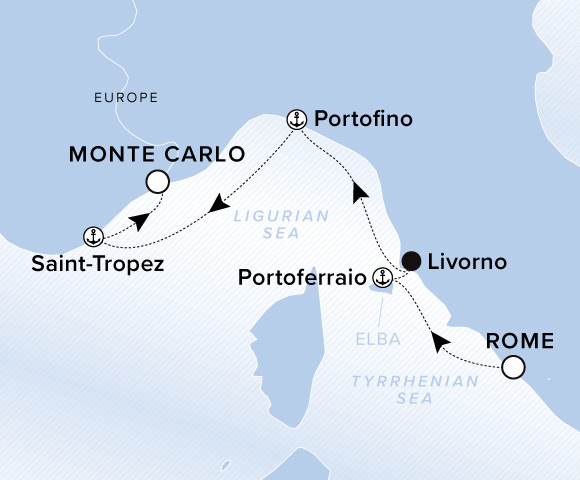 Carte de l’itinéraire Evrima, Rome (Civitavecchia) → Monte Carlo