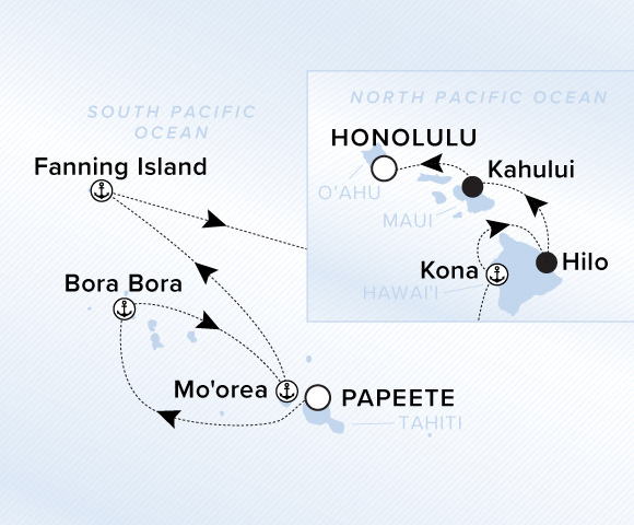 Carte de l’itinéraire Evrima, Papeete, Tahiti → Honolulu, Oahu, Hawaii