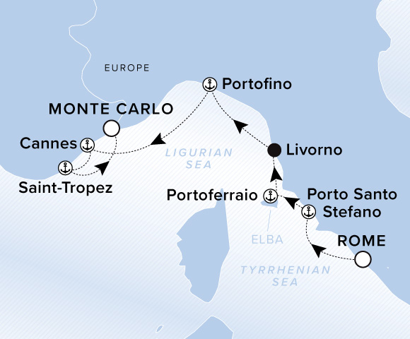Carte de l’itinéraire Evrima, Rome (Civitavecchia) → Monte Carlo