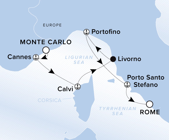 Carte de l’itinéraire Evrima, Monte Carlo → Rome (Civitavecchia)