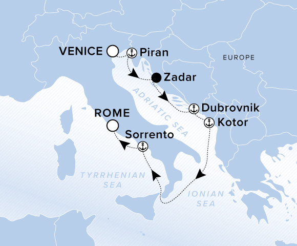 Carte de l’itinéraire Evrima, Venise → Rome (Civitavecchia)