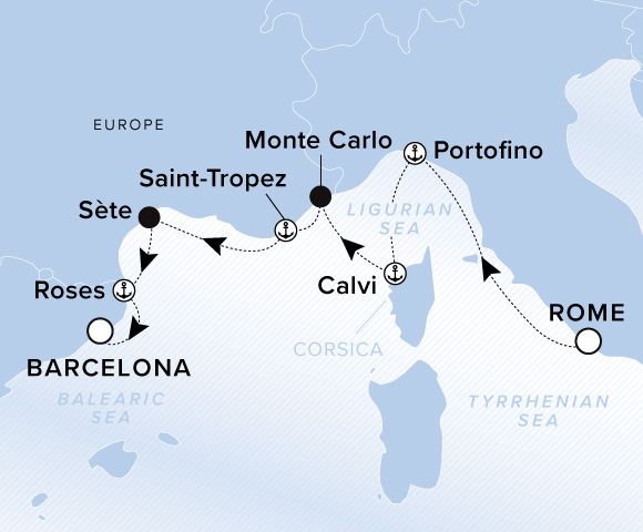 Carte de l’itinéraire Evrima, Rome (Civitavecchia) → Barcelone