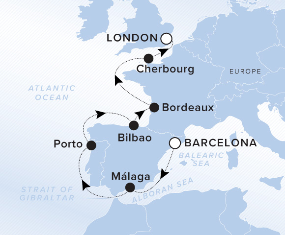 Carte de l’itinéraire Evrima, Barcelone → Londres (Tilbury)