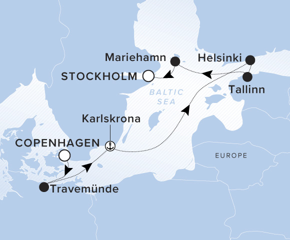 Carte de l’itinéraire Evrima, Copenhague → Stockholm