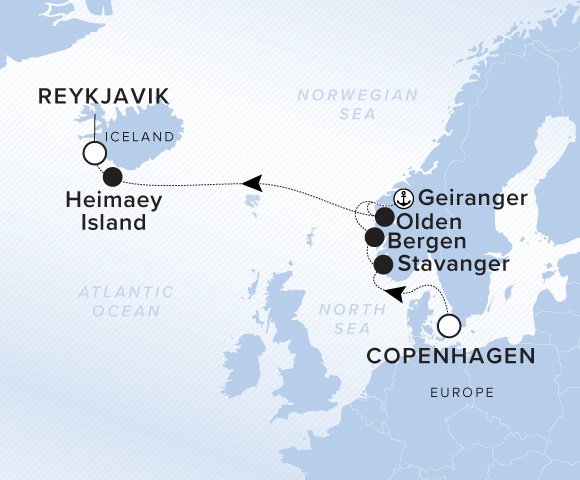 Carte de l’itinéraire Evrima, Copenhague → Reykjavík