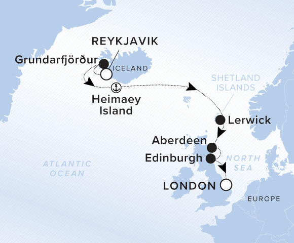 Carte de l’itinéraire Evrima, Reykjavík (Hafnarfjordur) → Londres (Tilbury)