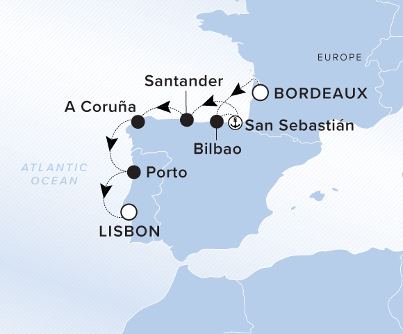 Carte de l’itinéraire Evrima, Bordeaux → Lisbonne
