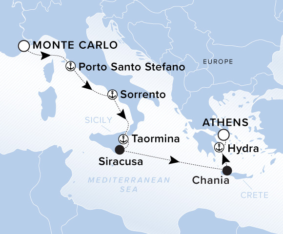 Carte de l’itinéraire Evrima, Monte Carlo → Athènes (Le Pirée)