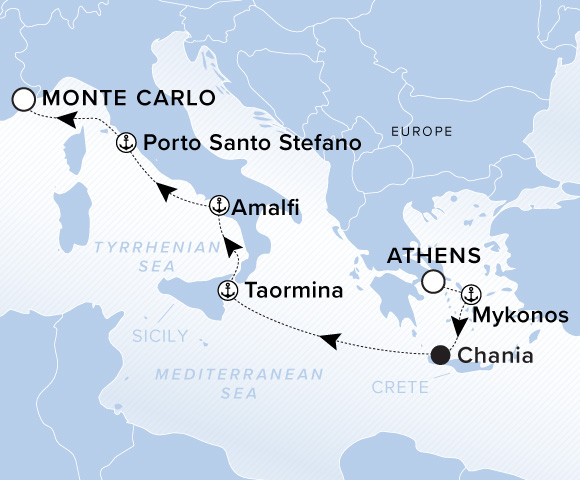 Carte de l’itinéraire Evrima, Athènes (Le Pirée) → Monte Carlo