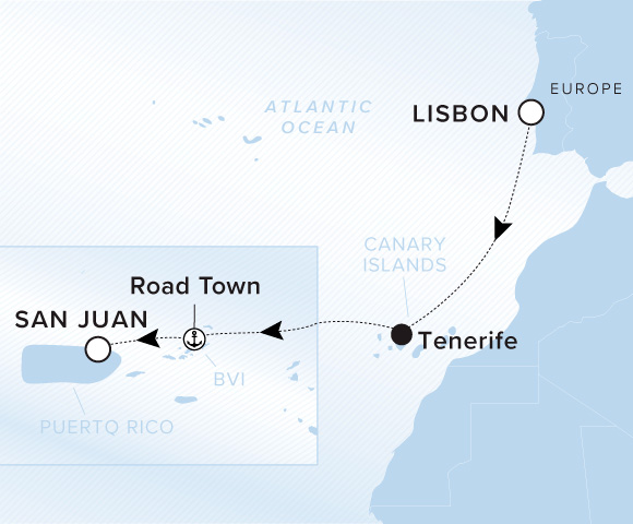 Carte de l’itinéraire Evrima, Lisbonne → San Juan