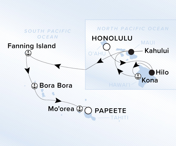 Carte de l’itinéraire Evrima, Honolulu, Oahu, Hawaii → Papeete, Tahiti