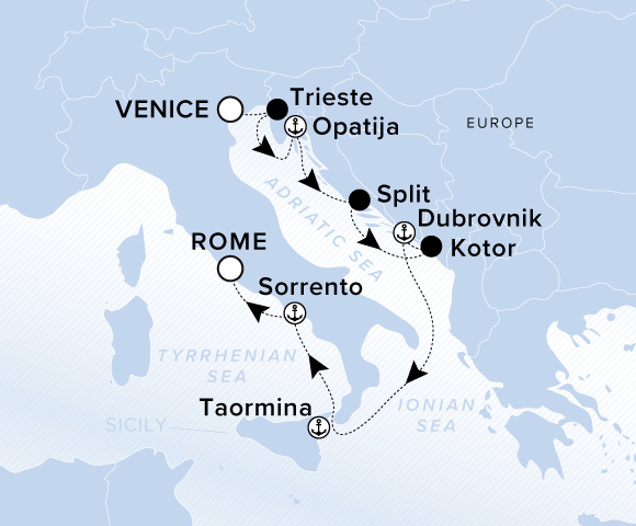 Carte de l’itinéraire Ilma, Venise → Rome (Civitavecchia)
