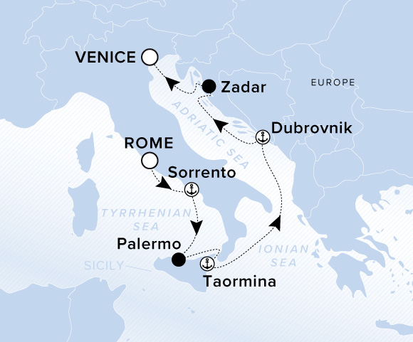Carte de l’itinéraire Ilma, Rome (Civitavecchia) → Venise
