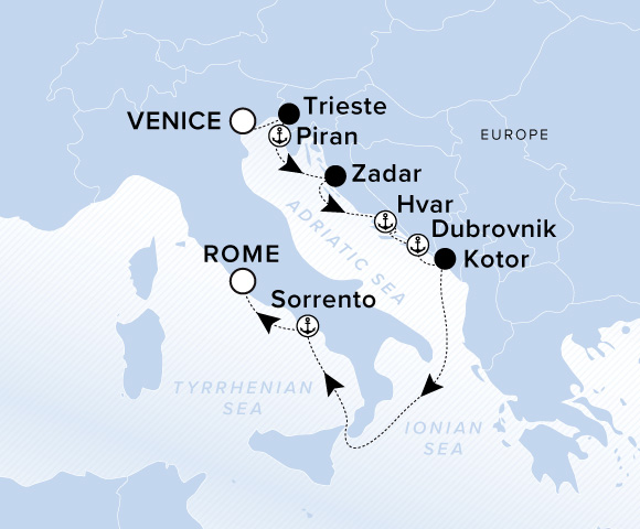 Carte de l’itinéraire Ilma, Venise → Rome (Civitavecchia)