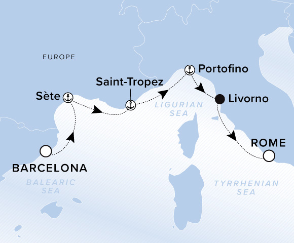 Carte de l’itinéraire Ilma, Barcelone → Rome (Civitavecchia)
