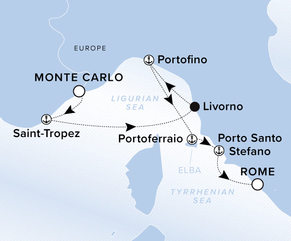 Carte de l’itinéraire Ilma, Monte Carlo → Rome (Civitavecchia)