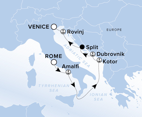 Carte de l’itinéraire Ilma, Rome (Civitavecchia) → Venise