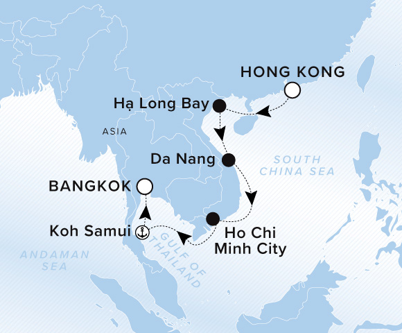 Carte de l’itinéraire Luminara, Hong Kong → Bangkok (Laem Chabang)