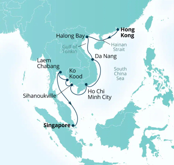 Carte de l’itinéraire Seabourn Encore, Hong Kong, Chine → Singapour
