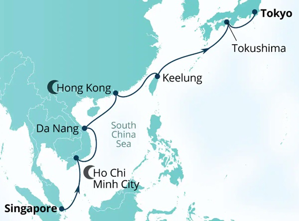 Carte de l’itinéraire Seabourn Encore, Singapour → Tokyo