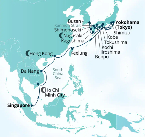 Carte de l’itinéraire Seabourn Encore, Singapour → Yokohama, Japon