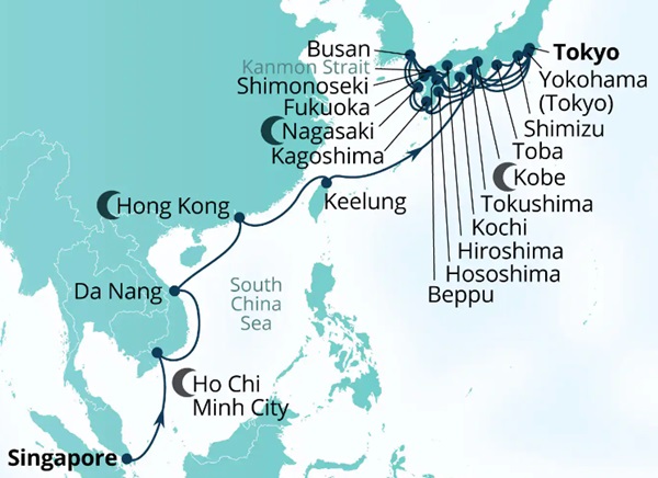 Carte de l’itinéraire Seabourn Encore, Singapour → Yokohama, Japon