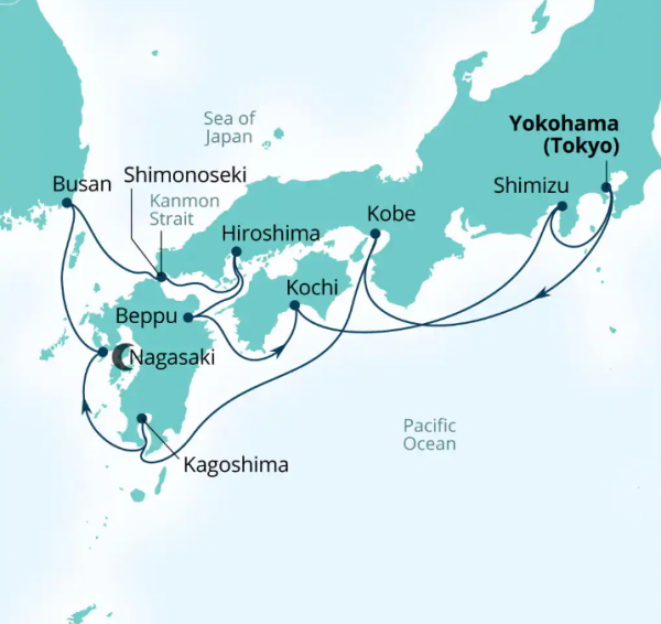 Carte de l’itinéraire Seabourn Encore, Tokyo → Yokohama, Japon